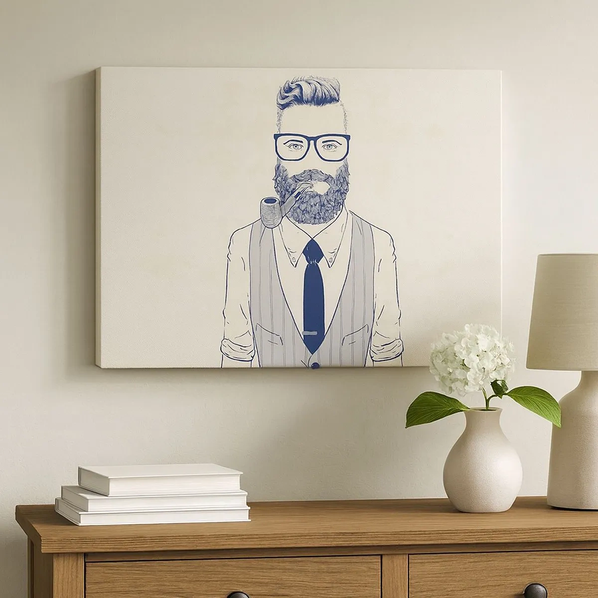Cuadro sobre lienzo - Impresión de Imagen - Hombre estilizado con barba, pipa y gafas. - 70x50cm - Alegre, masculino y a la moda - Decoración de pared moderna para salón y dormitorio ARTTOR