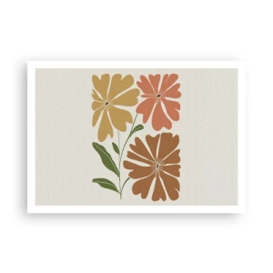 Póster - Tres flores en colores cálidos sobre un fondo claro. - 100x70cm - Naturaleza y geometría - Decoración de pared moderna para salón y dormitorio ARTTOR