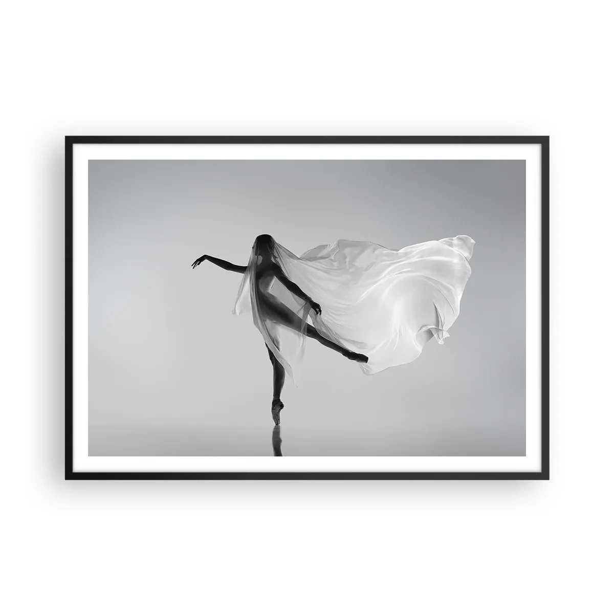 Póster en marco negro - Una bailarina en una pose etérea con tela fluida. - 100x70cm - Ligereza y gracia - Decoración de pared moderna para salón y dormitorio ARTTOR