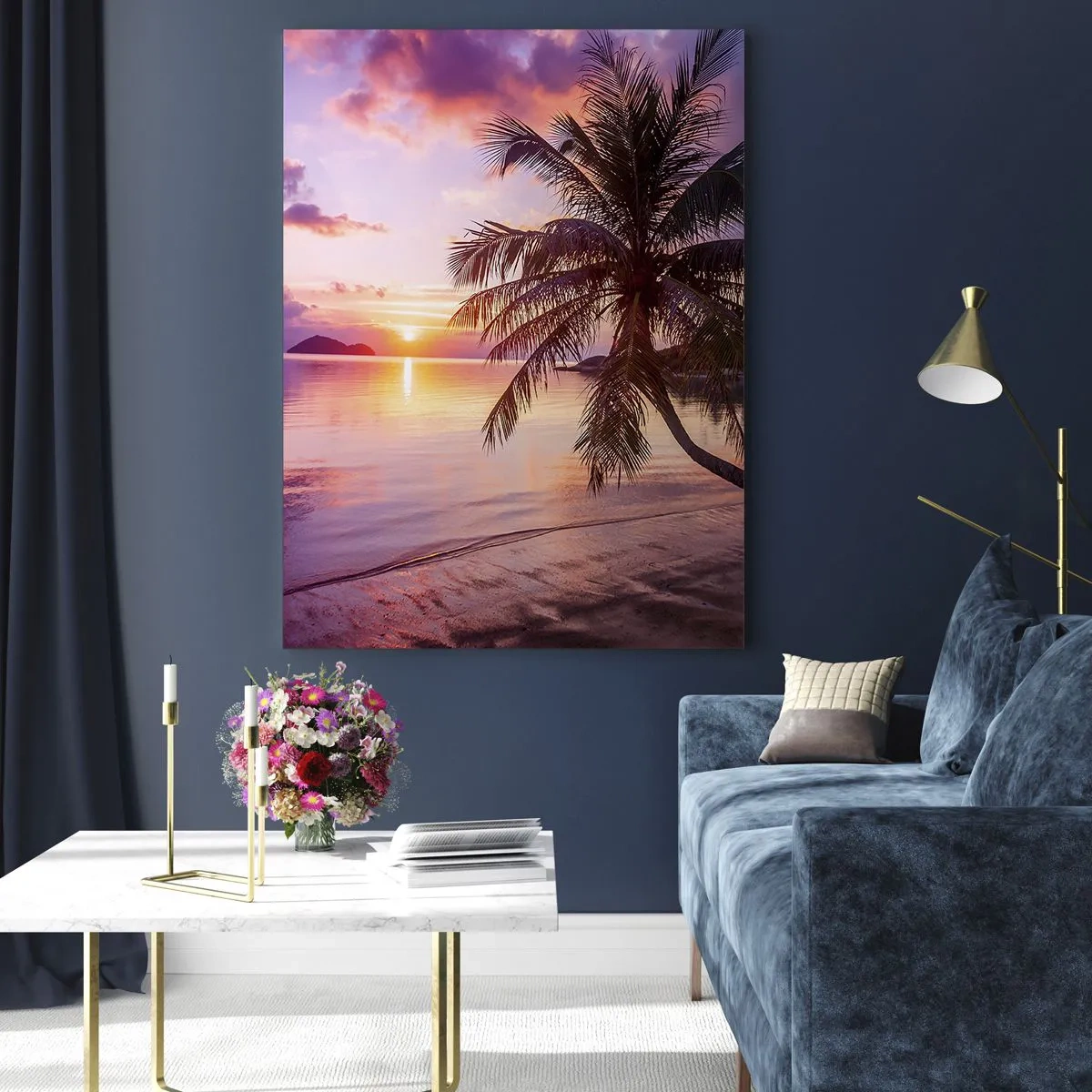 Cuadro sobre vidrio - Impresiones sobre Vidrio - Playa tropical con palmeras al atardecer - 80x120cm - Hermosura hasta el horizonte - Decoración de pared moderna para salón y dormitorio ARTTOR