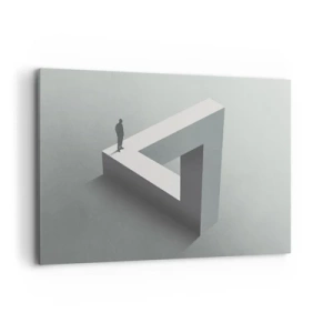 Cuadro sobre lienzo - Impresión de Imagen - Una figura parada sobre un triángulo de Penrose en tonos de gris. - 120x80cm - Y, sin embargo, es posible - Decoración de pared moderna para salón y dormitorio ARTTOR