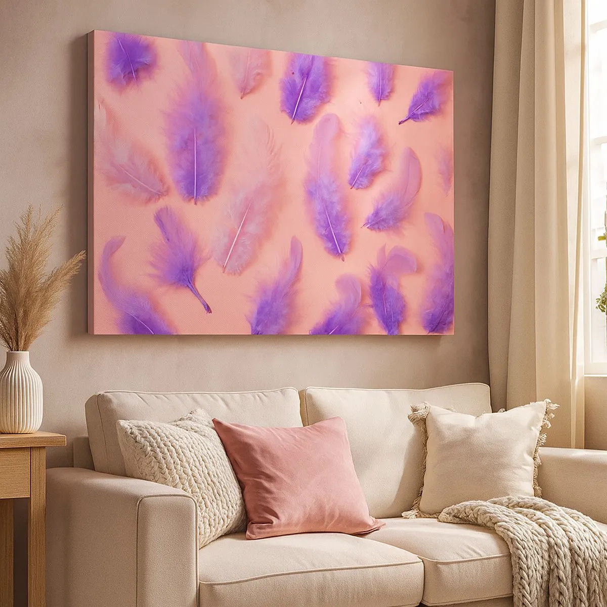 Cuadro sobre lienzo - Impresión de Imagen - Plumas moradas y rosas sobre un fondo pastel. - 70x50cm - Un pájaro lila del deseo - Decoración de pared moderna para salón y dormitorio ARTTOR