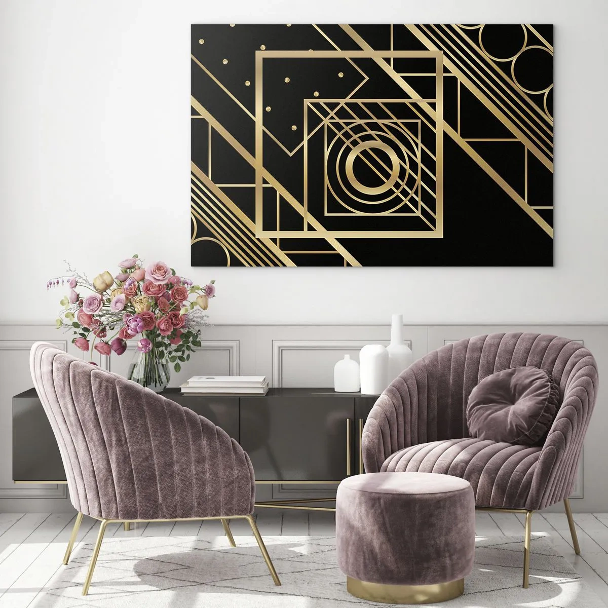 Cuadro sobre vidrio - Impresiones sobre Vidrio - Patrones geométricos dorados sobre un fondo negro - 100x70cm - Geometría dorada - Decoración de pared moderna para salón y dormitorio ARTTOR