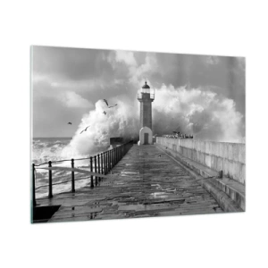Cuadro sobre vidrio - Impresiones sobre Vidrio - Una fotografía en blanco y negro de un faro en medio de las olas rompientes. - 100x70cm - Audaz - Decoración de pared moderna para salón y dormitorio ARTTOR