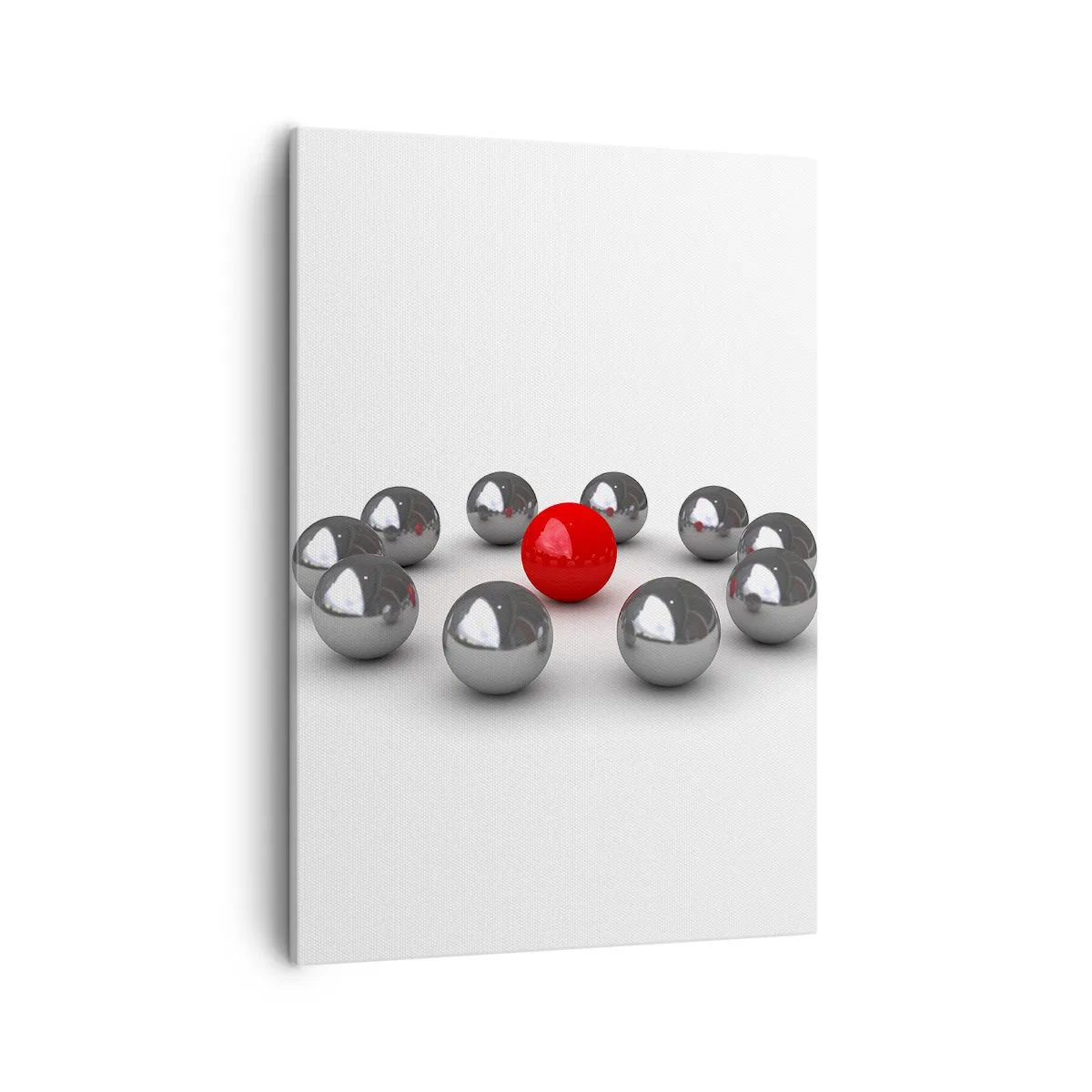 Cuadro sobre lienzo - Impresión de Imagen - Una bola roja rodeada de bolas plateadas sobre un fondo blanco. - 50x70cm - Círculo en plata y rojo - Decoración de pared moderna para salón y dormitorio ARTTOR