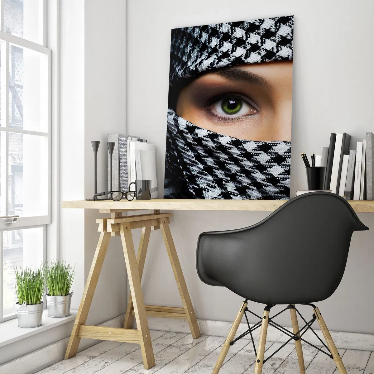 Cuadro sobre vidrio - Impresiones sobre Vidrio - Los ojos verdes de una mujer están ocultos tras una tela estampada en blanco y negro. - 80x120cm - Hermosa mirada de ojos verdes - Decoración de pared moderna para salón y dormitorio ARTTOR