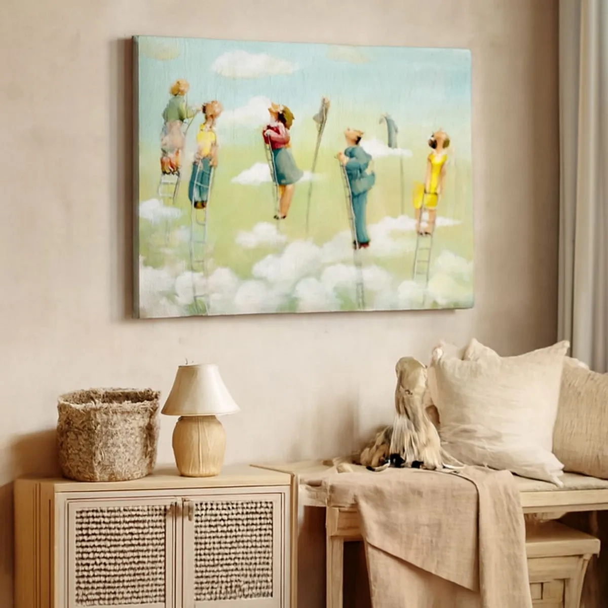 Cuadro sobre lienzo - Impresión de Imagen - Figuras subiendo escaleras entre nubes sobre un fondo pastel. - 70x50cm - Sigue tu sueño - Decoración de pared moderna para salón y dormitorio ARTTOR