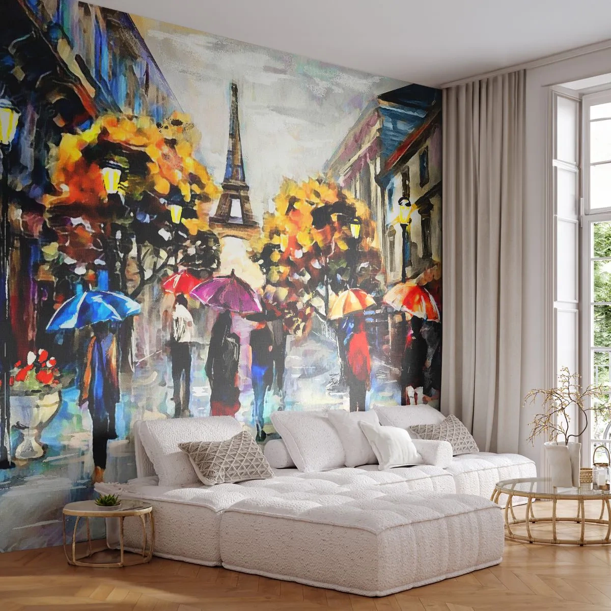 Fotomural Premium Sand - París otoñal bajo la lluvia y paraguas de colores - 100x70cm - Especialmente hermoso en otoño - Decoración de pared moderna para salón y dormitorio ARTTOR