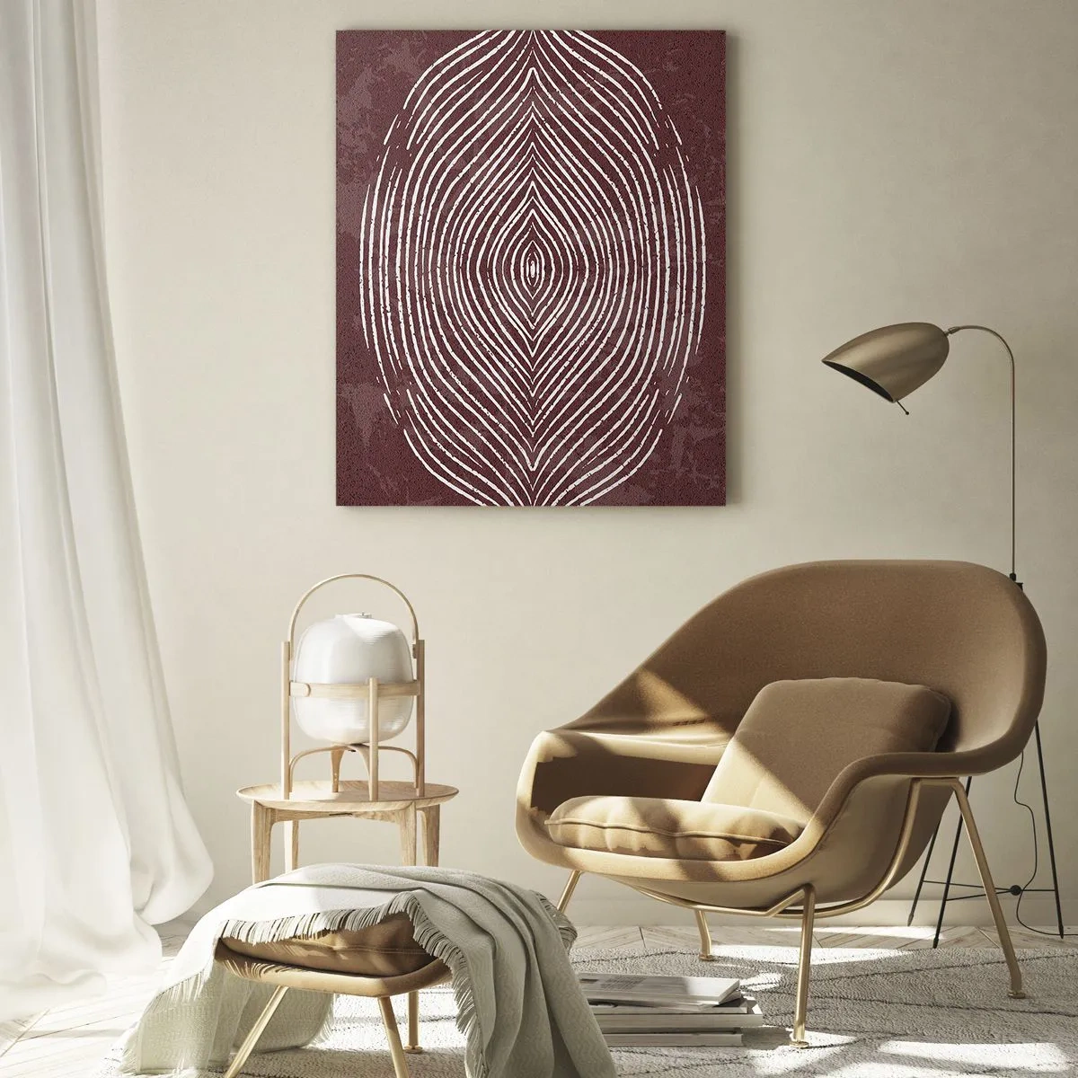 Cuadro sobre vidrio - Impresiones sobre Vidrio - Ondas simétricas en líneas blancas sobre un fondo marrón - 80x120cm - El espacio habla - Decoración de pared moderna para salón y dormitorio ARTTOR