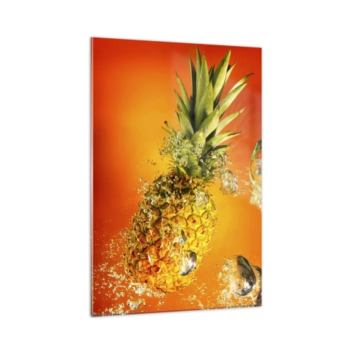 Cuadro sobre vidrio - Impresiones sobre Vidrio - Una piña sumergida en agua sobre un fondo degradado naranja. - 80x120cm - Jugosa frescura tropical - Decoración de pared moderna para salón y dormitorio ARTTOR