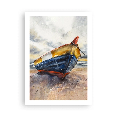 Póster - Barco de acuarela en la playa al atardecer - 50x70cm - Descansando en la orilla - Decoración de pared moderna para salón y dormitorio ARTTOR