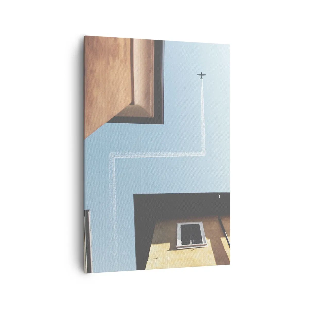 Cuadro sobre lienzo - Impresión de Imagen - Vista del avión y su estela en el cielo desde una perspectiva callejera. - 70x100cm - Por encima del laberinto urbano - Decoración de pared moderna para salón y dormitorio ARTTOR