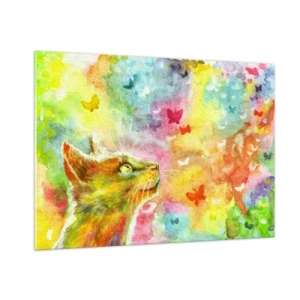 Cuadro sobre vidrio - Impresiones sobre Vidrio - Un gato observando mariposas de colores con un fondo pastel. - 100x70cm - En el paraíso de los gatos - Decoración de pared moderna para salón y dormitorio ARTTOR