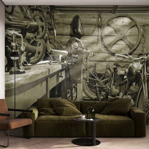 Fotomural Premium Sand - Taller histórico con motos antiguas - 100x70cm - En el trastero del abuelo - Decoración de pared moderna para salón y dormitorio ARTTOR