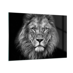 Cuadro sobre vidrio - Impresiones sobre Vidrio - Retrato de un león en blanco y negro con una melena majestuosa - 100x70cm - Con el atuendo de la coronación - Decoración de pared moderna para salón y dormitorio ARTTOR