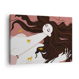 Cuadro sobre lienzo - Impresión de Imagen - Una figura con los ojos cerrados rodeada de caballos dorados. - 70x50cm - Sueño de caballos dorados - Decoración de pared moderna para salón y dormitorio ARTTOR