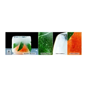 Muestra de fotomural autoadhesivo Deluxe Sticker - Frescura - Cubo de hielo, Naranja, Hoja de menta - 100x30 cm