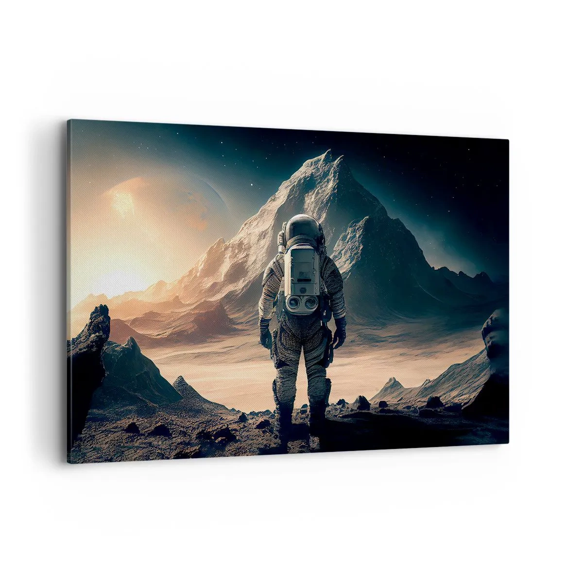 Cuadro sobre lienzo - Impresión de Imagen - Astronauta con el telón de fondo de majestuosas montañas - 120x80cm - Un nuevo reto - Decoración de pared moderna para salón y dormitorio ARTTOR