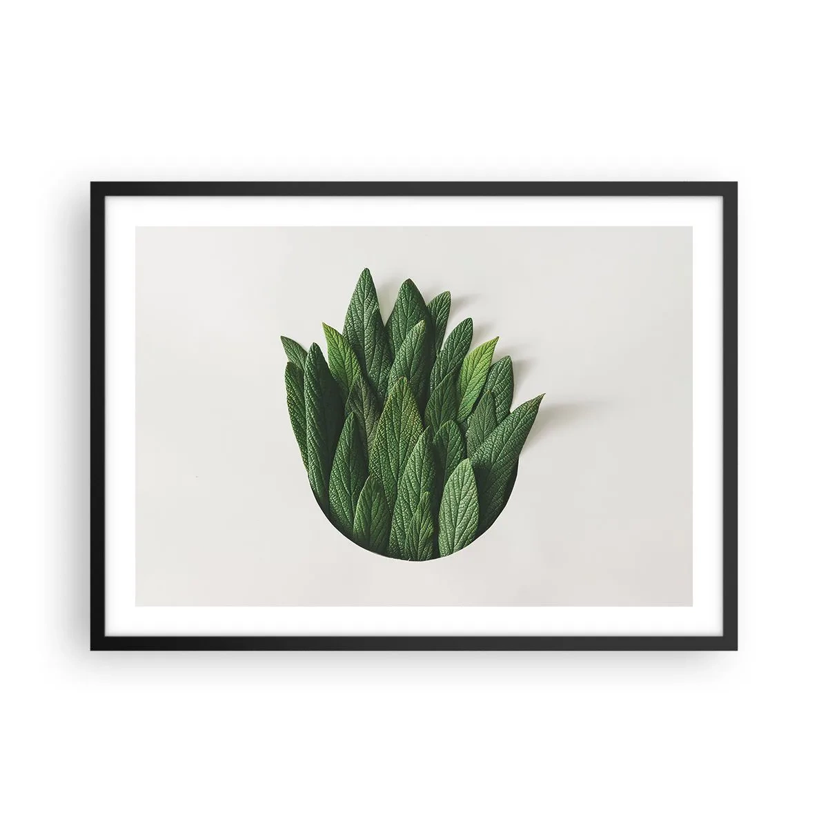 Póster en marco negro - Una composición de hojas verdes sobre un fondo claro. - 70x50cm - Curiosidad desenfrenada - Decoración de pared moderna para salón y dormitorio ARTTOR