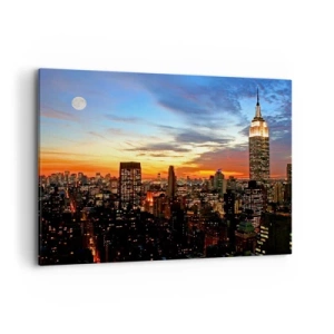 Cuadro sobre lienzo - Impresión de Imagen - Panorama de la ciudad con rascacielos iluminados al atardecer - 100x70cm - Una luminosa noche americana - Decoración de pared moderna para salón y dormitorio ARTTOR