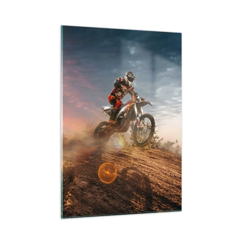 Cuadro sobre vidrio - Impresiones sobre Vidrio - Motociclista en el desierto en un entorno dinámico. - 50x70cm - A por la victoria - Decoración de pared moderna para salón y dormitorio ARTTOR
