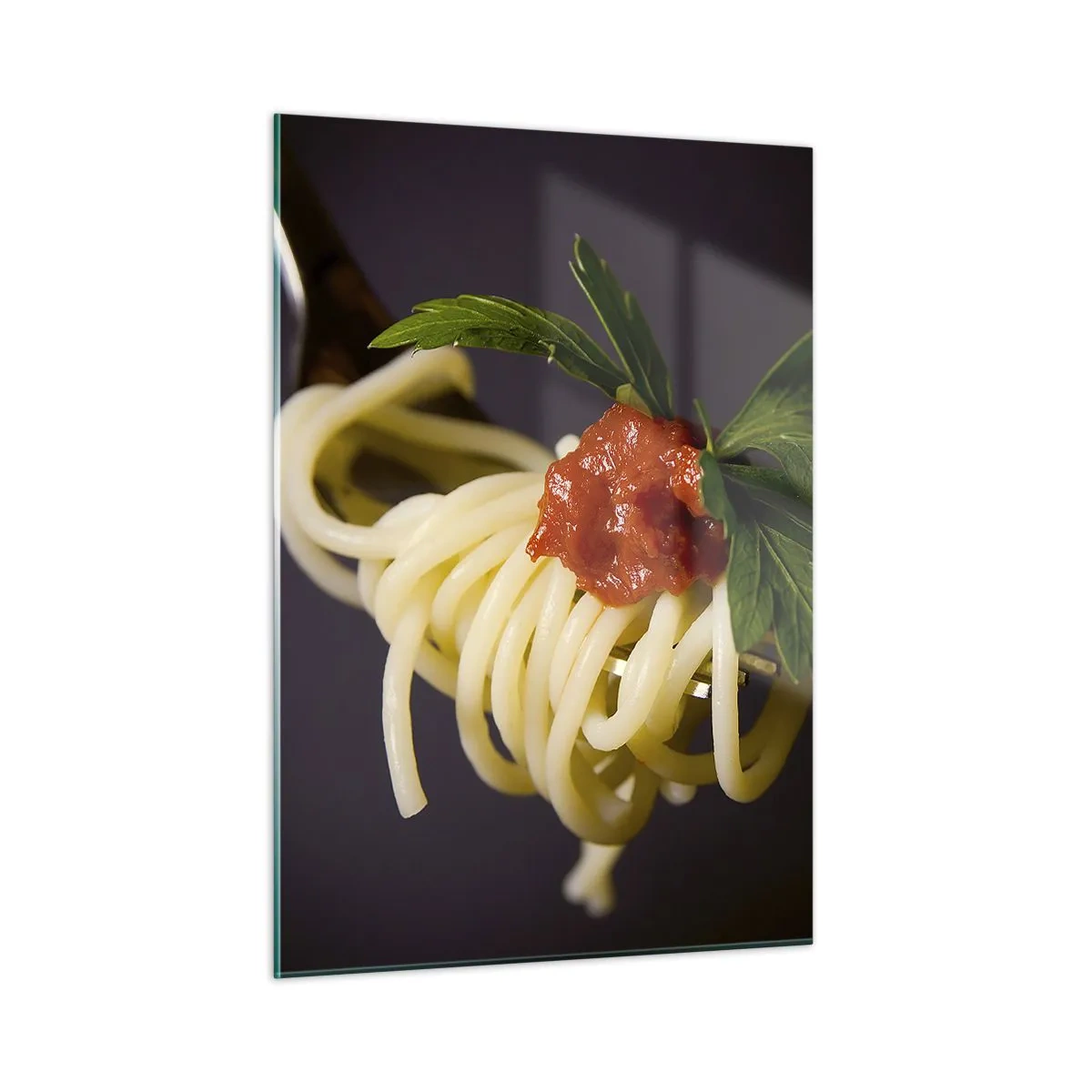 Cuadro sobre vidrio - Impresiones sobre Vidrio - Pasta espaguetis al tenedor con salsa de tomate - 50x70cm - Un sabroso bocado - Decoración de pared moderna para salón y dormitorio ARTTOR