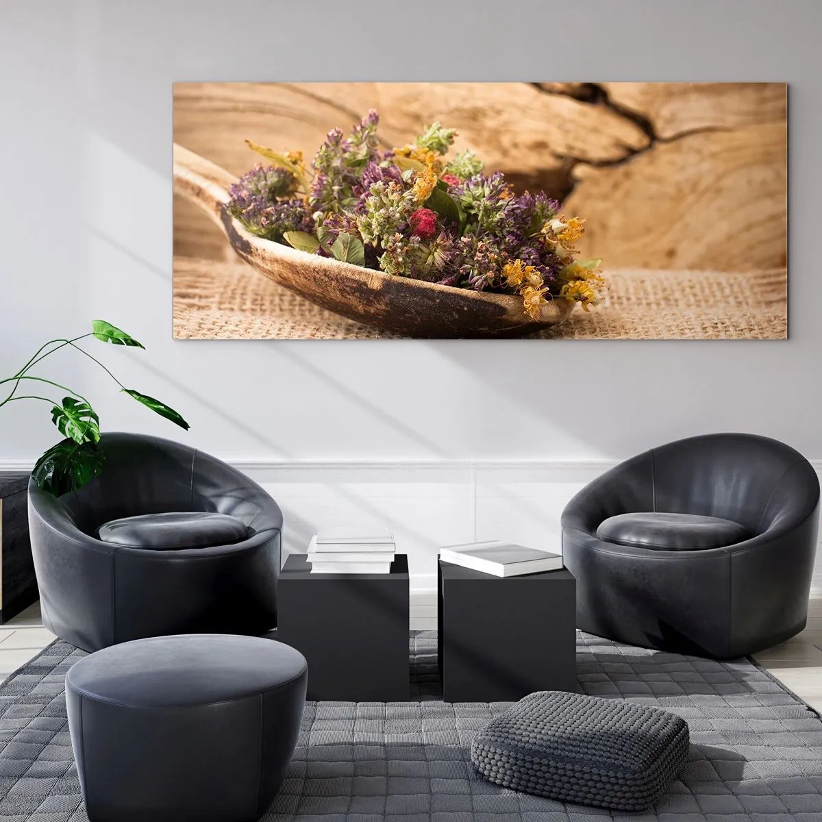 Cuadro sobre vidrio - Impresiones sobre Vidrio - Flores coloridas y hierbas aromáticas - 90x30 cm