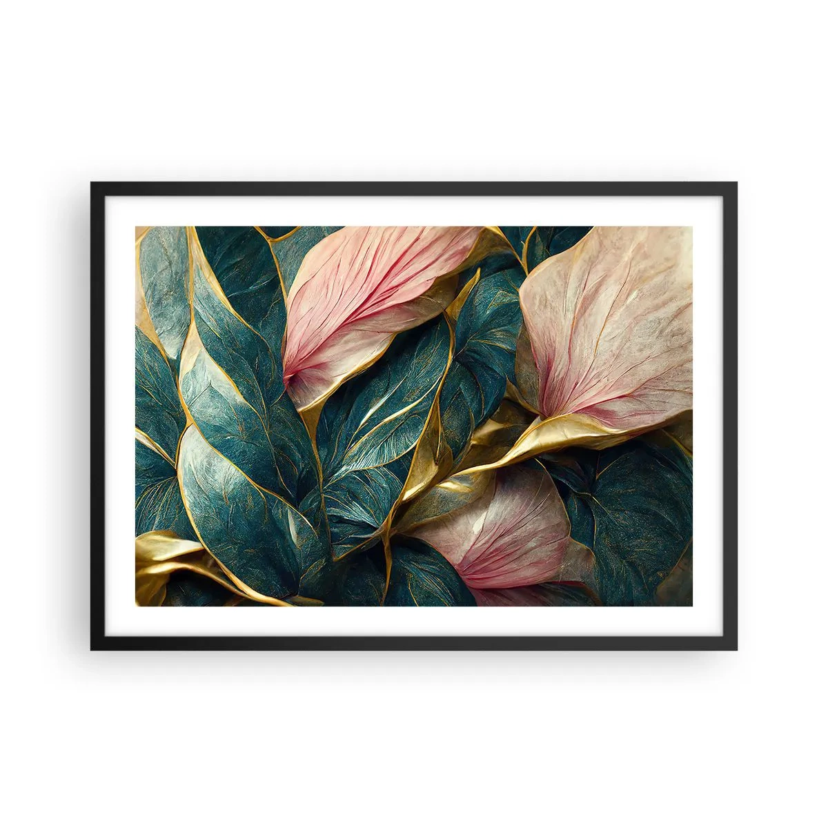 Póster en marco negro - Hojas elegantes en verde, dorado y rosa. - 70x50cm - Elegancia y estilo naturales - Decoración de pared moderna para salón y dormitorio ARTTOR