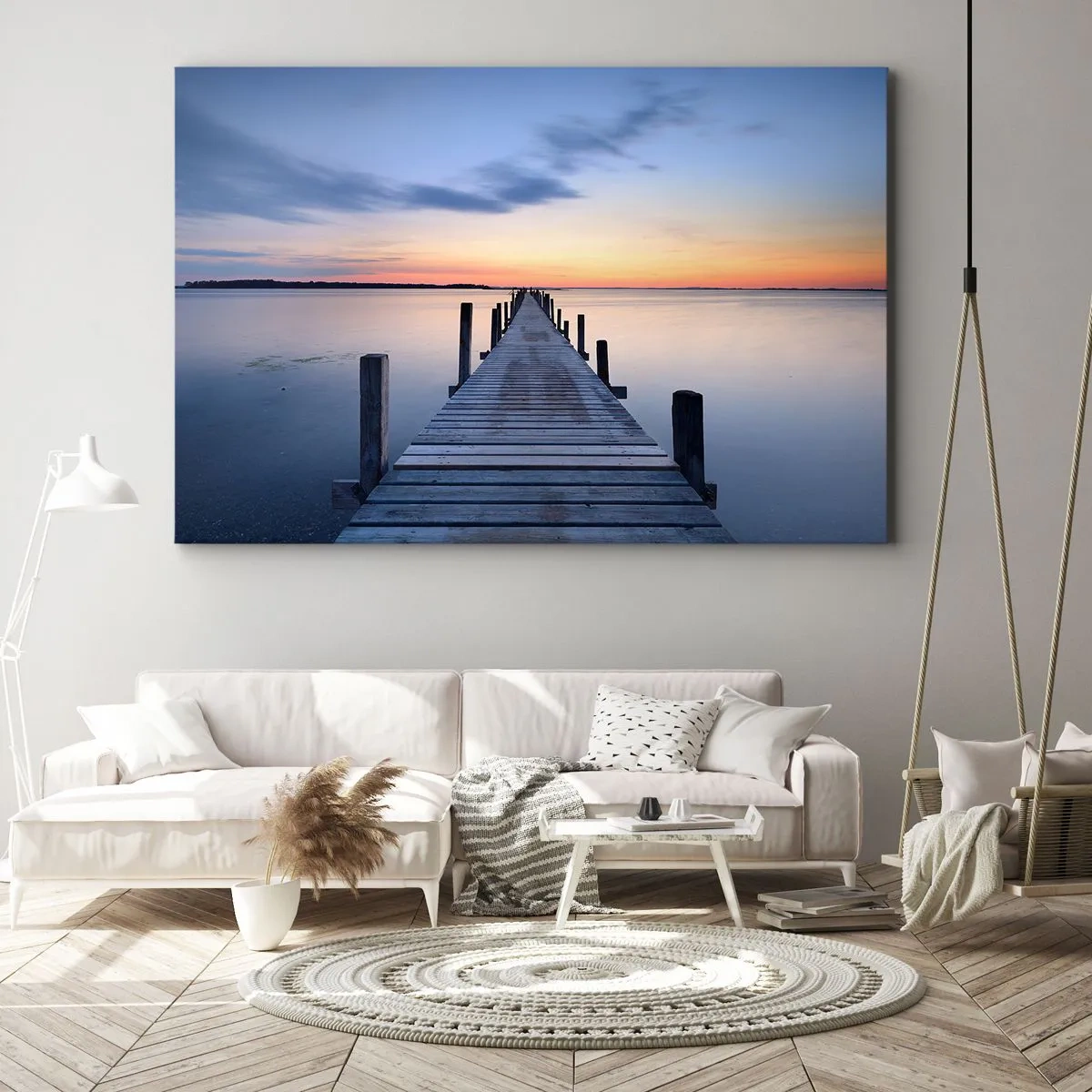 Cuadro sobre lienzo - Impresión de Imagen - Muelle de madera en el lago al atardecer - 70x50cm - La calma de un crepúsculo sereno - Decoración de pared moderna para salón y dormitorio ARTTOR