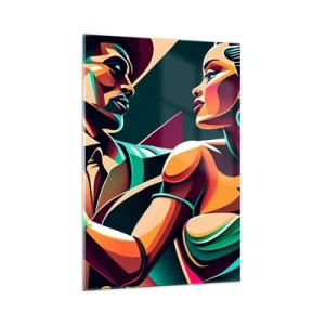 Cuadro sobre vidrio - Impresiones sobre Vidrio - Una pareja estilizada bailando en colores vibrantes y geométricos. - 70x100cm - Al ritmo del corazón - Decoración de pared moderna para salón y dormitorio ARTTOR