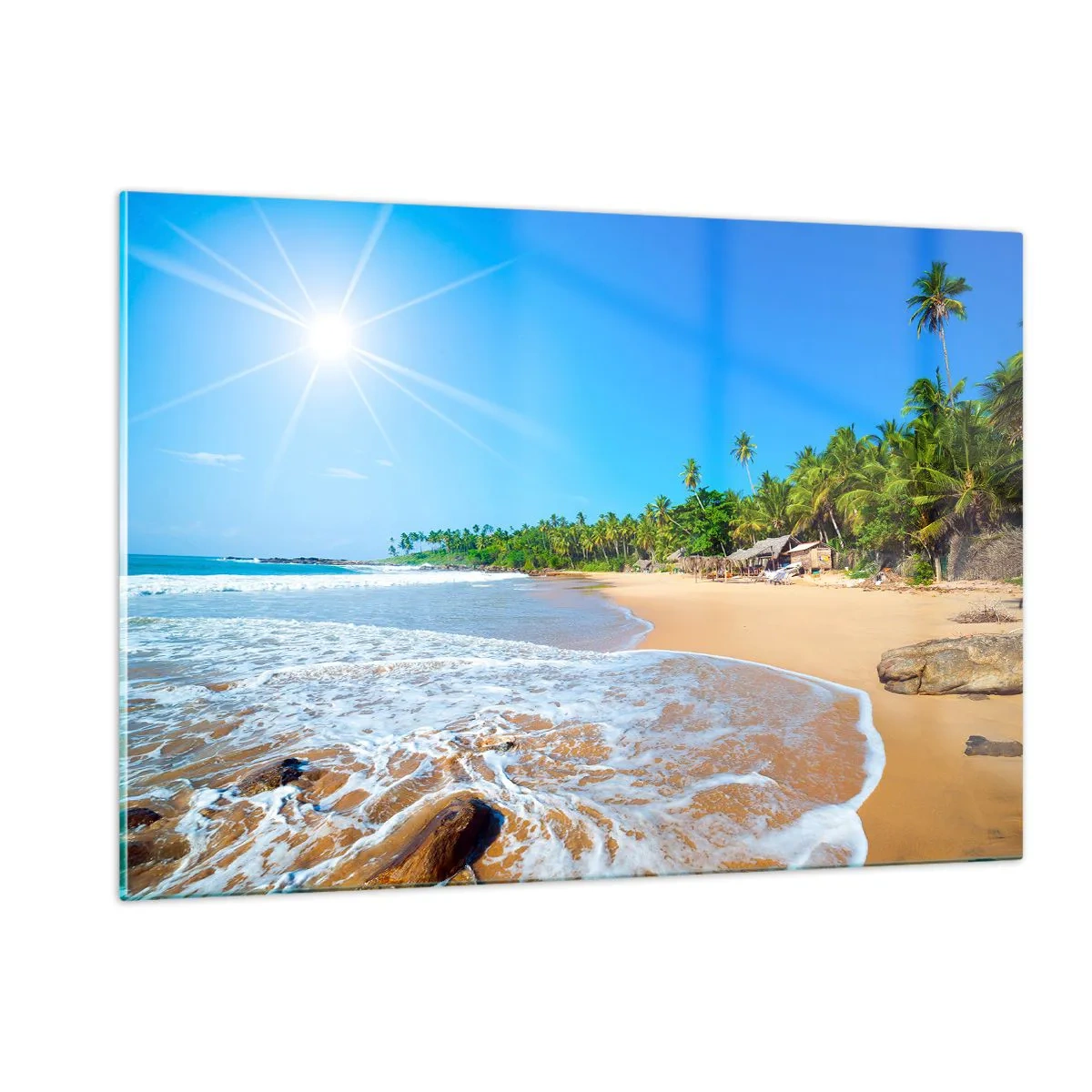 Cuadro sobre vidrio - Impresiones sobre Vidrio - Playa tropical con palmeras y olas bajo un cielo azul. - 120x80cm - Un lugar exótico para ti - Decoración de pared moderna para salón y dormitorio ARTTOR