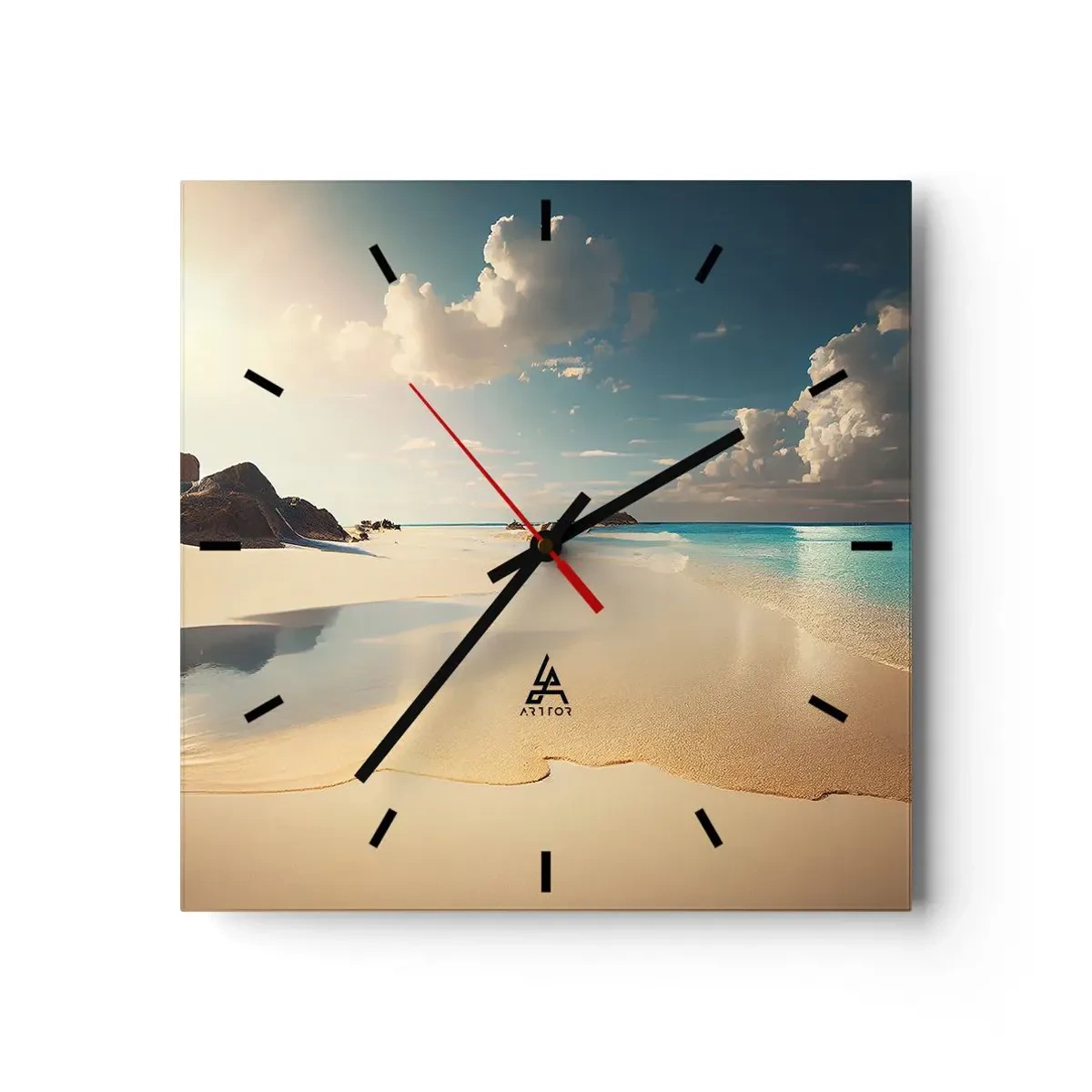 Reloj de pared - Reloj de vidrio - Una playa soleada con mar azul y rocas. - 30x30cm - Un día de ensueño - Decoración de pared moderna para salón y dormitorio ARTTOR