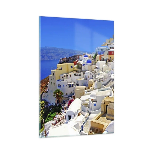 Cuadro sobre vidrio - Impresiones sobre Vidrio - Panorama de Santorini con casas blancas y cielo azul - 80x120cm - Sueño de un verano griego - Decoración de pared moderna para salón y dormitorio ARTTOR