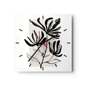 Reloj de pared - Reloj de vidrio - Motivo floral minimalista en blanco y negro - 30x30cm - Esbozo para un herbario - Decoración de pared moderna para salón y dormitorio ARTTOR