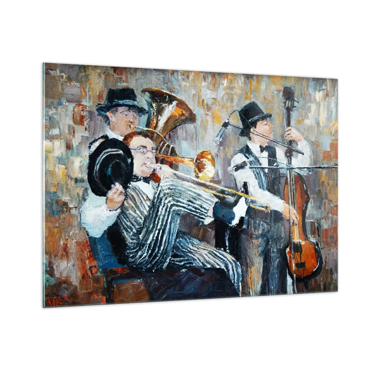 Cuadro sobre vidrio - Impresiones sobre Vidrio - Una banda de jazz en una escena impresionista atmosférica. - 100x70cm - Todo ese jazz - Decoración de pared moderna para salón y dormitorio ARTTOR