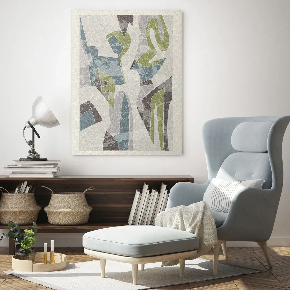 Cuadro sobre vidrio - Impresiones sobre Vidrio - Formas abstractas en verde y azul sobre un fondo claro - 80x120cm - Composición tras vidriera - Decoración de pared moderna para salón y dormitorio ARTTOR