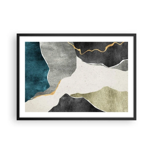Póster en marco negro - Formas geométricas en tonos grises, verdes y dorados. - 70x50cm - Composición en mosaico con una hebra de oro - Decoración de pared moderna para salón y dormitorio ARTTOR