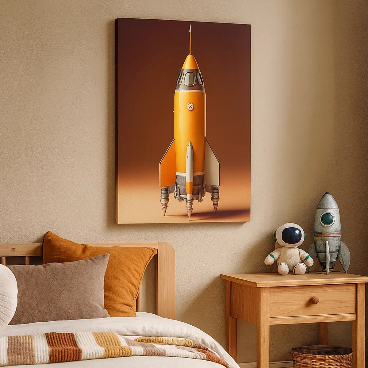 Cuadro sobre lienzo - Impresión de Imagen - Un cohete de estilo retro sobre un fondo de tonos marrones. - 50x70cm - Comienza con un sueño - Decoración de pared moderna para salón y dormitorio ARTTOR