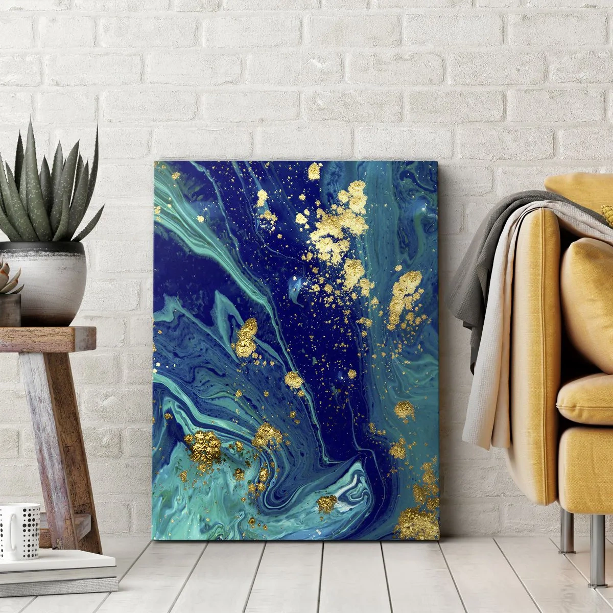 Cuadro sobre lienzo - Impresión de Imagen - Una composición abstracta con acentos azules, verdes y dorados. - 80x120cm - Pétalos de sol - Decoración de pared moderna para salón y dormitorio ARTTOR