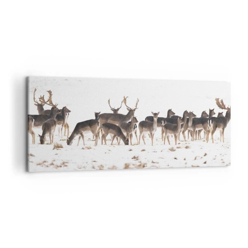 Cuadro sobre lienzo - Impresión de Imagen - Una manada de ciervos sobre un fondo nevado. - 120x50cm - ¿Se acerca la Navidad? - Decoración de pared moderna para salón y dormitorio ARTTOR