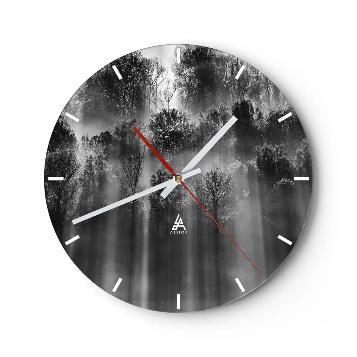 Reloj de pared - Reloj de vidrio - Un bosque blanco y negro iluminado por rayos de luz. - 30x30cm - En los flujos de luz - Decoración de pared moderna para salón, cocina y dormitorio ARTTOR