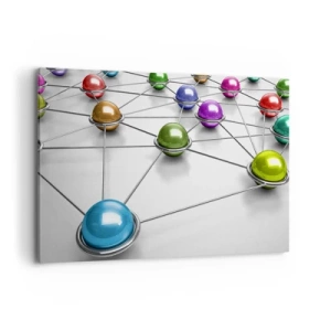 Cuadro sobre lienzo - Impresión de Imagen - Bolas de colores conectadas por líneas finas sobre un fondo blanco. - 120x80cm - Una red cósmica - Decoración de pared moderna para salón y dormitorio ARTTOR