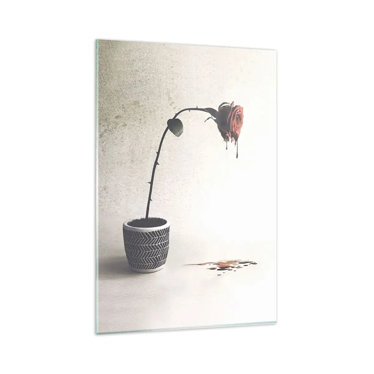 Cuadro sobre vidrio - Impresiones sobre Vidrio - Una rosa roja en una maceta con gotas de tinte sobre un fondo blanco. - 80x120cm - Rosa dolorosa - Decoración de pared moderna para salón y dormitorio ARTTOR