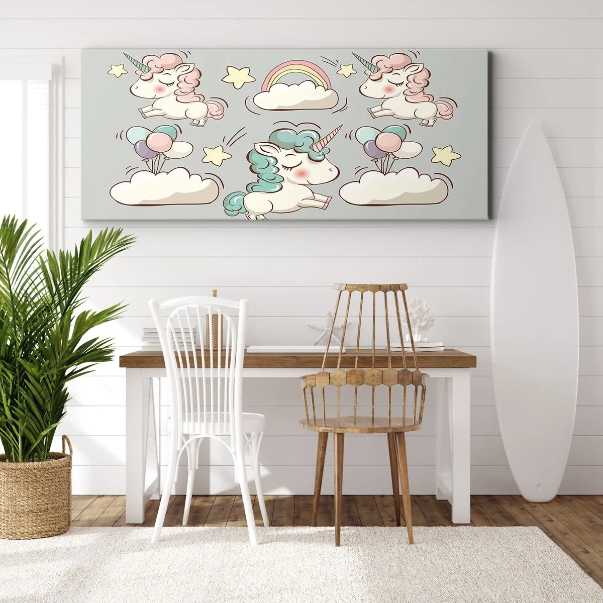 Cuadro sobre lienzo - Impresión de Imagen - Lindos unicornios sobre un fondo pastel. - 140x50cm - Estoy seguro de que existen - Decoración de pared moderna para salón y dormitorio ARTTOR