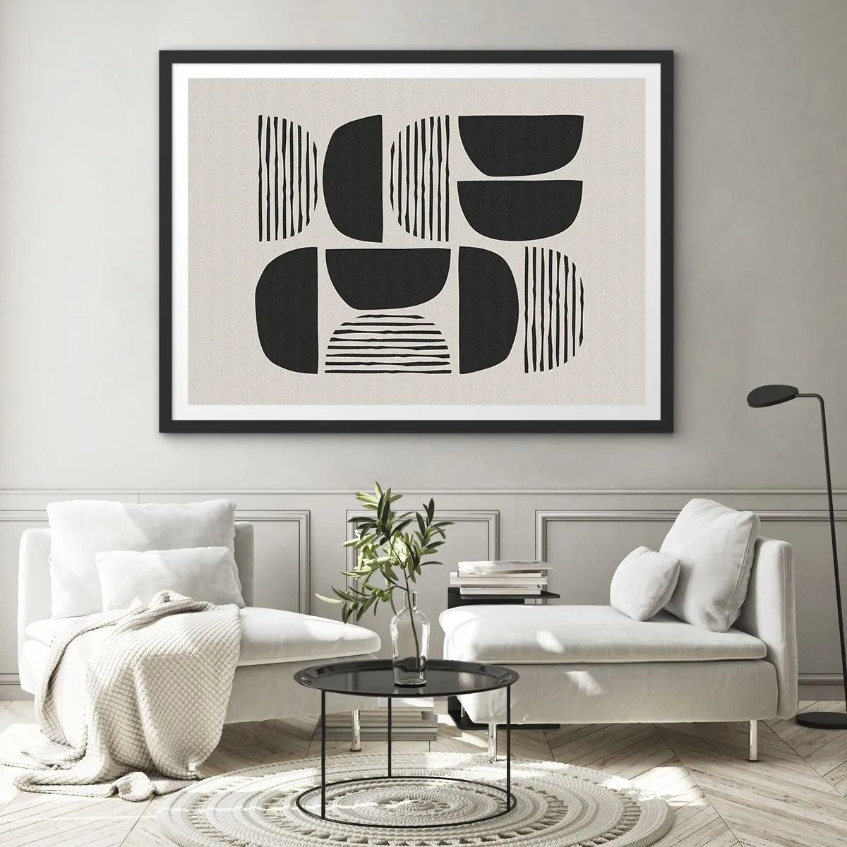 Póster en marco negro - Geometría con semicírculos y líneas en negro sobre fondo claro. - 70x50cm - Arreglos a medias - Decoración de pared moderna para salón y dormitorio ARTTOR