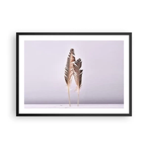 Póster en marco negro - Plumas delicadas sobre un fondo claro en estilo minimalista. - 70x50cm - Contra la nada - Decoración de pared moderna para salón y dormitorio ARTTOR