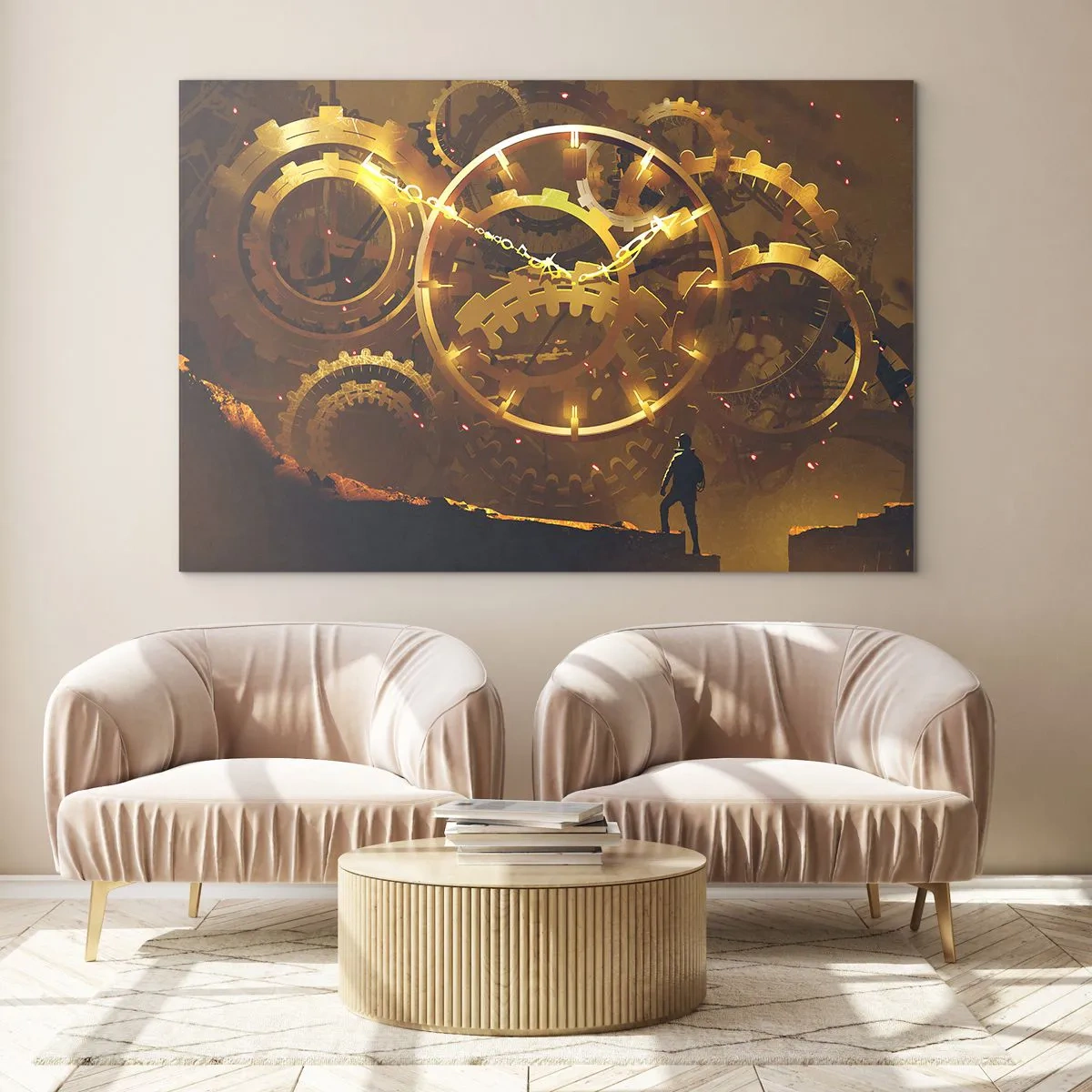 Cuadro sobre vidrio - Impresiones sobre Vidrio - Engranajes steampunk dorados con retroiluminación sobre una silueta humana - 120x80cm - En la fuente del tiempo - Decoración de pared moderna para salón y dormitorio ARTTOR
