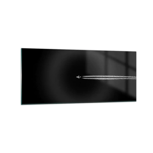Cuadro sobre vidrio - Impresiones sobre Vidrio - Un avión a reacción con una estela de condensación visible sobre un fondo negro. - 120x50cm - En otra dimensión - Decoración de pared moderna para salón y dormitorio ARTTOR