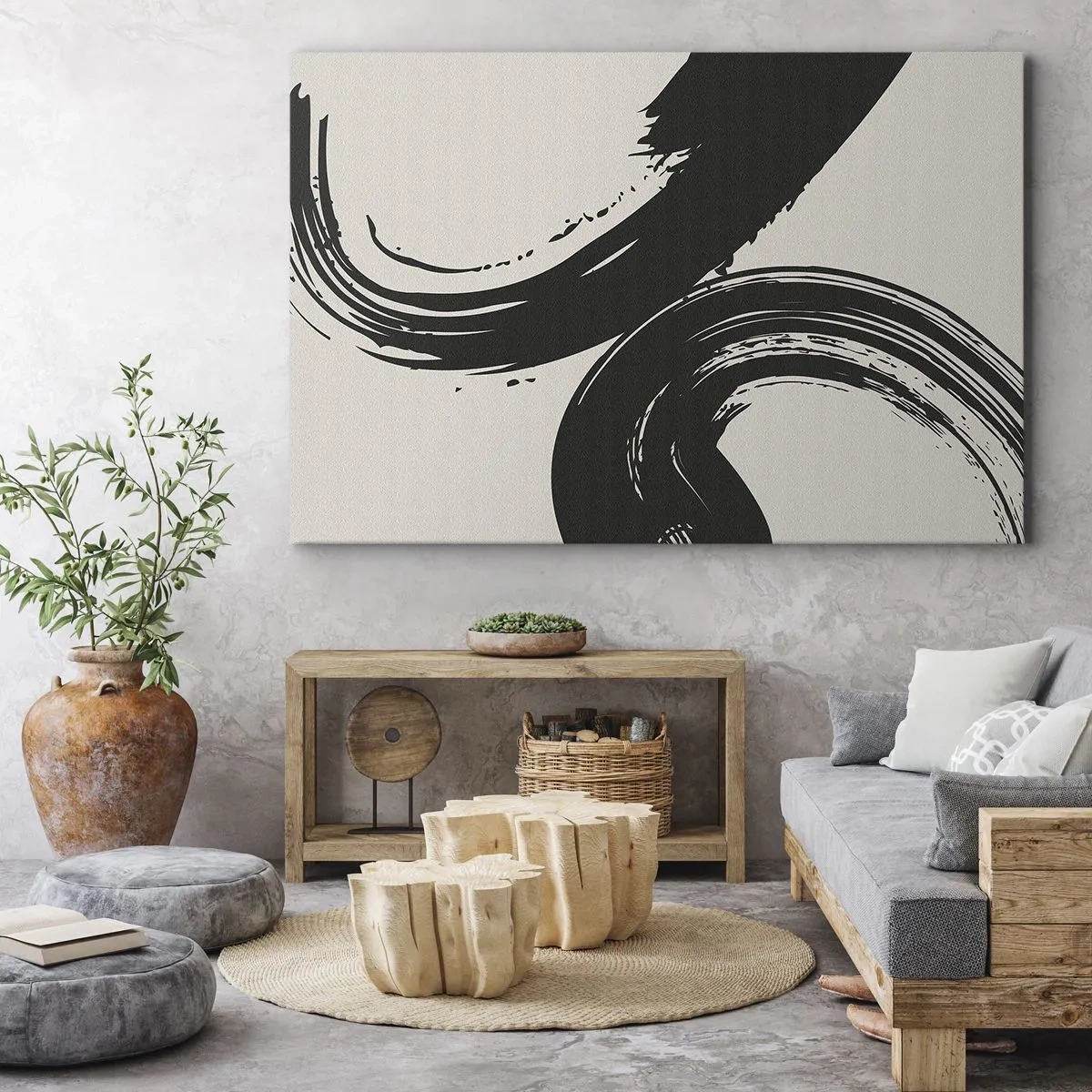 Cuadro sobre lienzo - Impresión de Imagen - Pinceladas dinámicas en negro sobre un fondo claro - 100x70cm - Barrido y circular - Decoración de pared moderna para salón y dormitorio ARTTOR