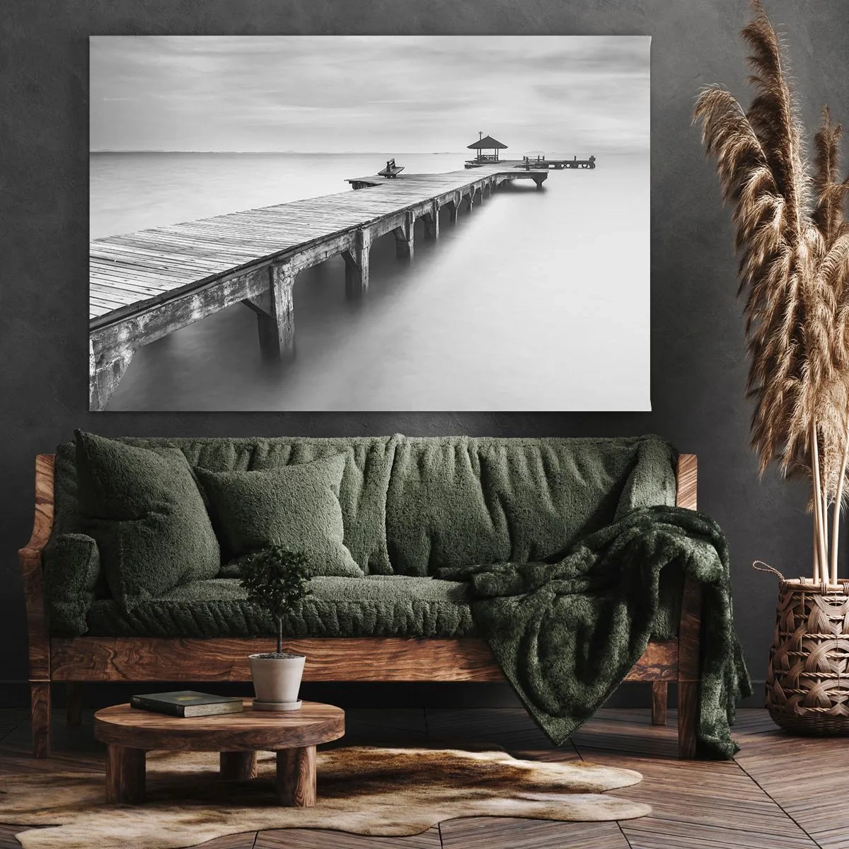 Cuadro sobre lienzo - Impresión de Imagen - Una vista en blanco y negro de un muelle de madera sobre aguas tranquilas. - 70x50cm - Lejos - Decoración de pared moderna para salón y dormitorio ARTTOR